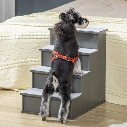 4 Step Wooden Cushioned Pet Stairs with Non-Slip Carpet for Dogs and Cats - Grey