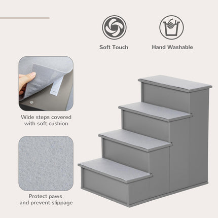4 Step Wooden Cushioned Pet Stairs with Non-Slip Carpet for Dogs and Cats - Grey