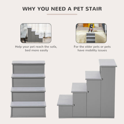 4 Step Wooden Cushioned Pet Stairs with Non-Slip Carpet for Dogs and Cats - Grey
