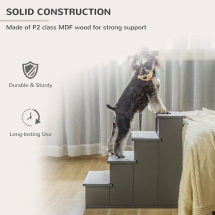 4 Step Wooden Cushioned Pet Stairs with Non-Slip Carpet for Dogs and Cats - Grey