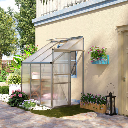 6x4ft Walk-In Lean-To Greenhouse with Polycarbonate Panels and Aluminium Frame - Silver
