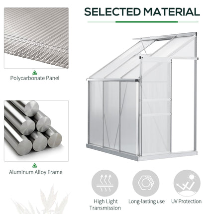 6x4ft Walk-In Lean-To Greenhouse with Polycarbonate Panels and Aluminium Frame - Silver