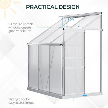 6x4ft Walk-In Lean-To Greenhouse with Polycarbonate Panels and Aluminium Frame - Silver