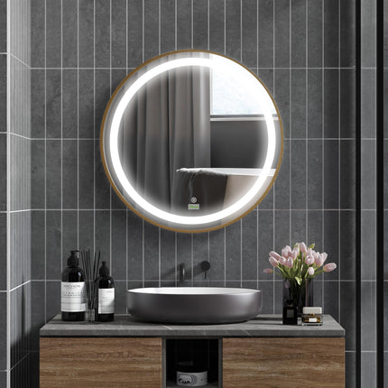 Dimmable LED Round Bathroom Mirror 60cm with Memory Function - Gold Tone