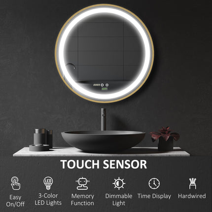 Dimmable LED Round Bathroom Mirror 60cm with Memory Function - Gold Tone