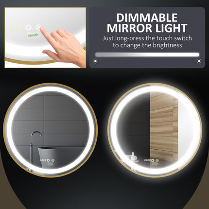 Dimmable LED Round Bathroom Mirror 60cm with Memory Function - Gold Tone