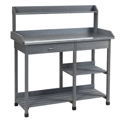 Wooden Garden Potting Table with Galvanized Metal Top and Storage Shelves - Grey