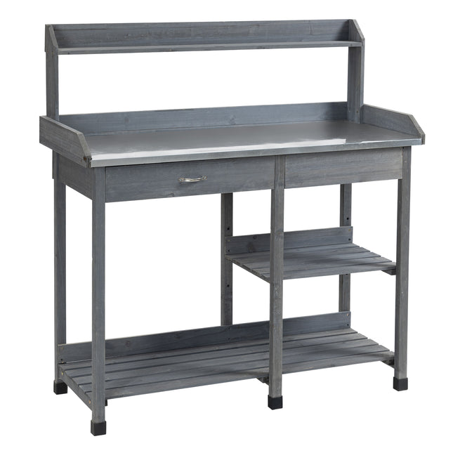 Wooden Garden Potting Table with Galvanized Metal Top and Storage Shelves - Grey