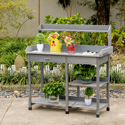Wooden Garden Potting Table with Galvanized Metal Top and Storage Shelves - Grey
