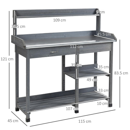Wooden Garden Potting Table with Galvanized Metal Top and Storage Shelves - Grey