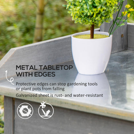 Wooden Garden Potting Table with Galvanized Metal Top and Storage Shelves - Grey