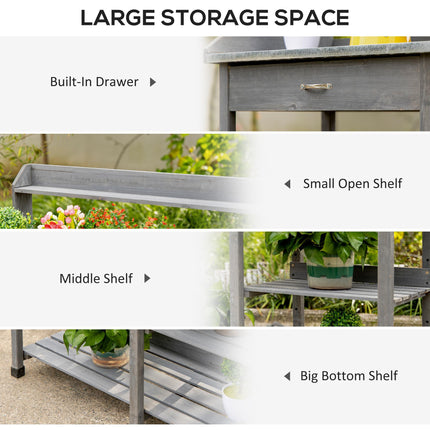 Wooden Garden Potting Table with Galvanized Metal Top and Storage Shelves - Grey