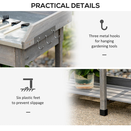 Wooden Garden Potting Table with Galvanized Metal Top and Storage Shelves - Grey