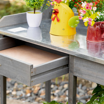 Wooden Garden Potting Table with Galvanized Metal Top and Storage Shelves - Grey
