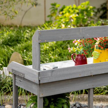 Wooden Garden Potting Table with Galvanized Metal Top and Storage Shelves - Grey