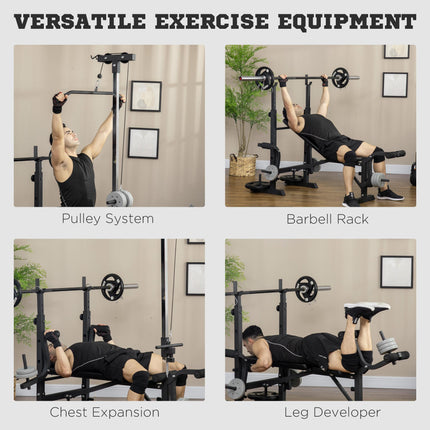 Adjustable Weight Bench with Pulley System, Incline Bench Press Set with Squat Rack, Leg Developer, Butterfly and Weight Storage, for Home Gym Full Body Workout