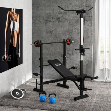 Adjustable Weight Bench with Pulley System, Incline Bench Press Set with Squat Rack, Leg Developer, Butterfly and Weight Storage, for Home Gym Full Body Workout