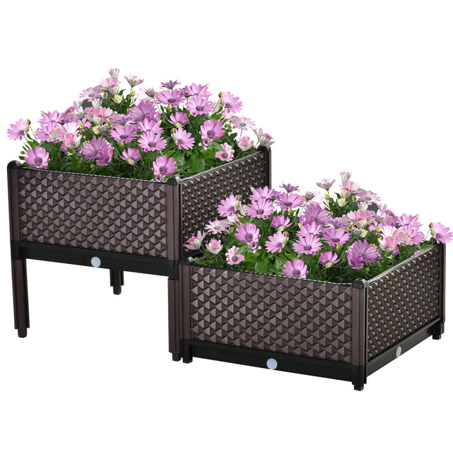 Set of 2 Plastic Raised Garden Beds 50x50x46.5cm with Self-Watering Planter Boxes - Brown