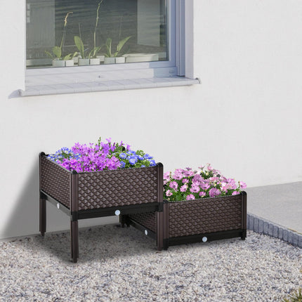Set of 2 Plastic Raised Garden Beds 50x50x46.5cm with Self-Watering Planter Boxes - Brown