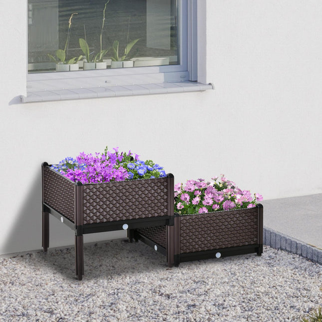 Set of 2 Plastic Raised Garden Beds 50x50x46.5cm with Self-Watering Planter Boxes - Brown