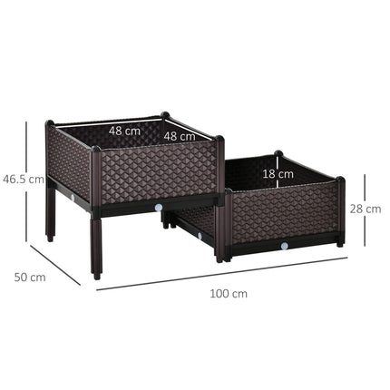 Set of 2 Plastic Raised Garden Beds 50x50x46.5cm with Self-Watering Planter Boxes - Brown