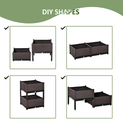 Set of 2 Plastic Raised Garden Beds 50x50x46.5cm with Self-Watering Planter Boxes - Brown