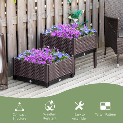 Set of 2 Plastic Raised Garden Beds 50x50x46.5cm with Self-Watering Planter Boxes - Brown