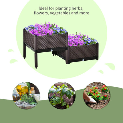 Set of 2 Plastic Raised Garden Beds 50x50x46.5cm with Self-Watering Planter Boxes - Brown