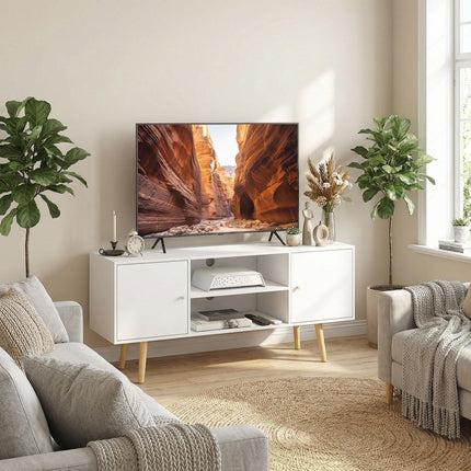 TV Unit Cabinet for TVs up to 55 Inches with Storage Shelves and Wood Legs - White