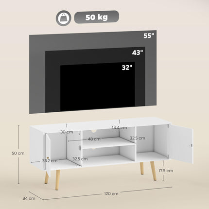 TV Unit Cabinet for TVs up to 55 Inches with Storage Shelves and Wood Legs - White