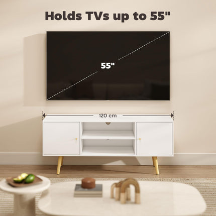 TV Unit Cabinet for TVs up to 55 Inches with Storage Shelves and Wood Legs - White