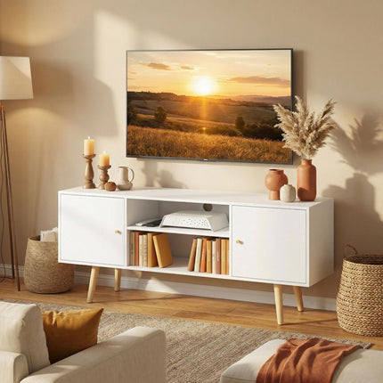 TV Unit Cabinet for TVs up to 55 Inches with Storage Shelves and Wood Legs - White
