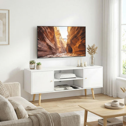 TV Unit Cabinet for TVs up to 55 Inches with Storage Shelves and Wood Legs - White