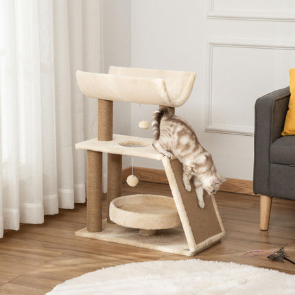 Indoor Cat Tree with Scratching Posts, Bed, Perch & Ball Toy 60x30x76 cm - Light Brown