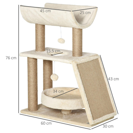 Indoor Cat Tree with Scratching Posts, Bed, Perch & Ball Toy 60x30x76 cm - Light Brown