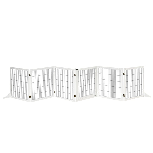 Wooden Freestanding Foldable Pet Gate with 6 Panels for Small & Medium Dogs - White