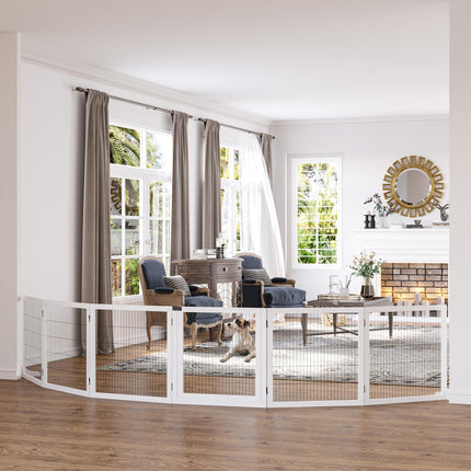 Wooden Freestanding Foldable Pet Gate with 6 Panels for Small & Medium Dogs - White