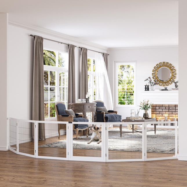 Wooden Freestanding Foldable Pet Gate with 6 Panels for Small & Medium Dogs - White