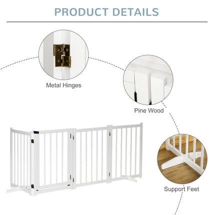 Freestanding Foldable Wooden Pet Gate for Small & Medium Dogs with 4 Panels & Support Feet - White