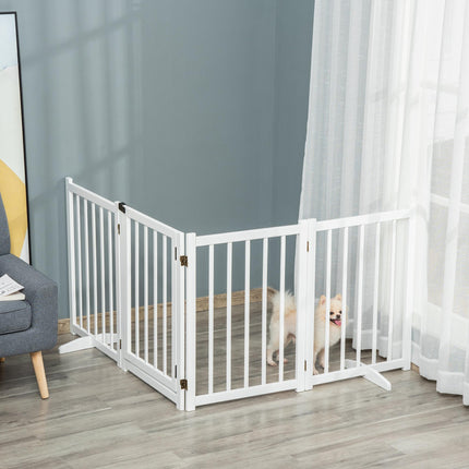 Freestanding Foldable Wooden Pet Gate for Small & Medium Dogs with 4 Panels & Support Feet - White