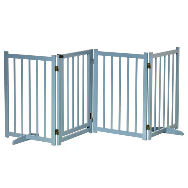 Freestanding Foldable Wooden Pet Gate for Small & Medium Dogs with 4 Panels and Support Feet - Blue