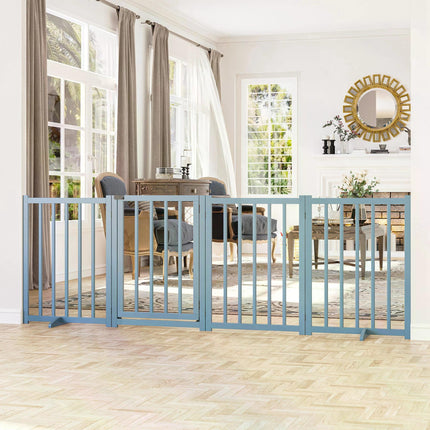 Freestanding Foldable Wooden Pet Gate for Small & Medium Dogs with 4 Panels and Support Feet - Blue