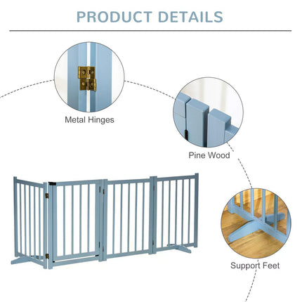Freestanding Foldable Wooden Pet Gate for Small & Medium Dogs with 4 Panels and Support Feet - Blue