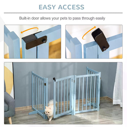 Freestanding Foldable Wooden Pet Gate for Small & Medium Dogs with 4 Panels and Support Feet - Blue