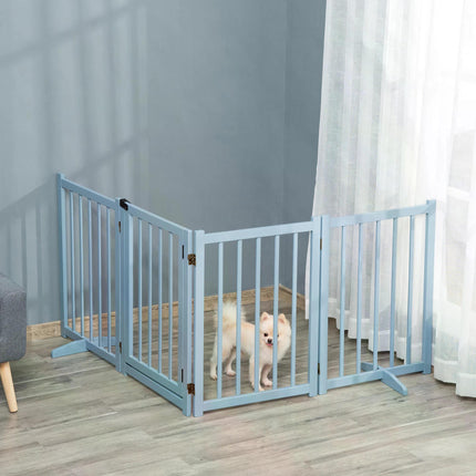 Freestanding Foldable Wooden Pet Gate for Small & Medium Dogs with 4 Panels and Support Feet - Blue