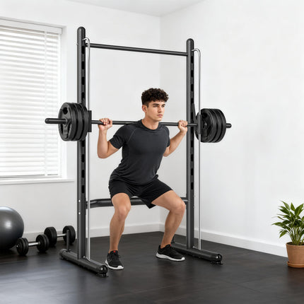 Adjustable Squat Rack with Pull-Up Bar and Barbell Bar for Home Gym - Black and Silver