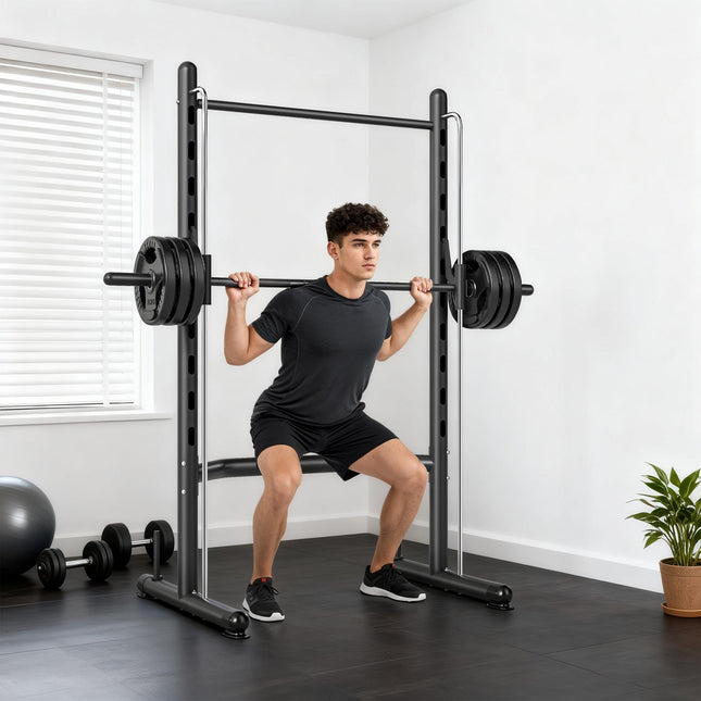 Adjustable Squat Rack with Pull-Up Bar and Barbell Bar for Home Gym - Black and Silver