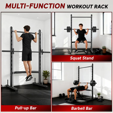 Adjustable Squat Rack with Pull-Up Bar and Barbell Bar for Home Gym - Black and Silver