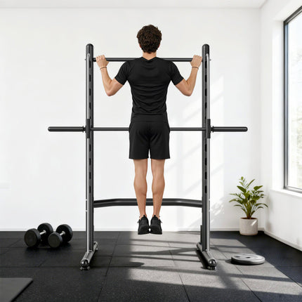 Adjustable Squat Rack with Pull-Up Bar and Barbell Bar for Home Gym - Black and Silver