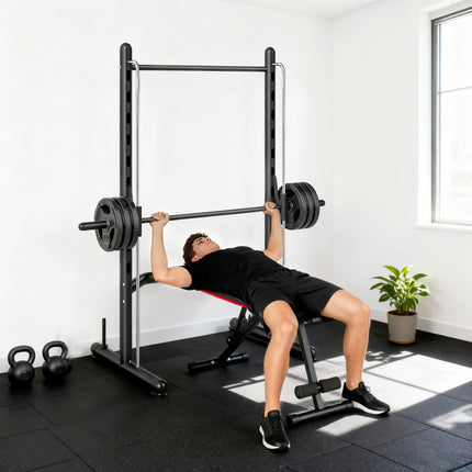Adjustable Squat Rack with Pull-Up Bar and Barbell Bar for Home Gym - Black and Silver